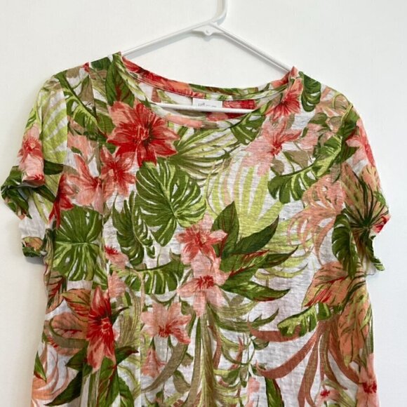 J. JILL Love Linen Tropical Floral Tie Front Tee White Green Short Sleeve Blouse - Picture 3 of 14